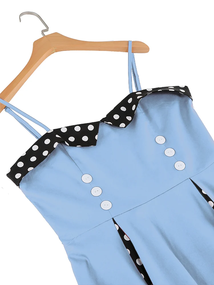 Tonval Sweetheart Neck Spaghetti Strap Double Breasted Long Dress 50s Pinup Vintage Polka Dot Women Party Sexy Dresses