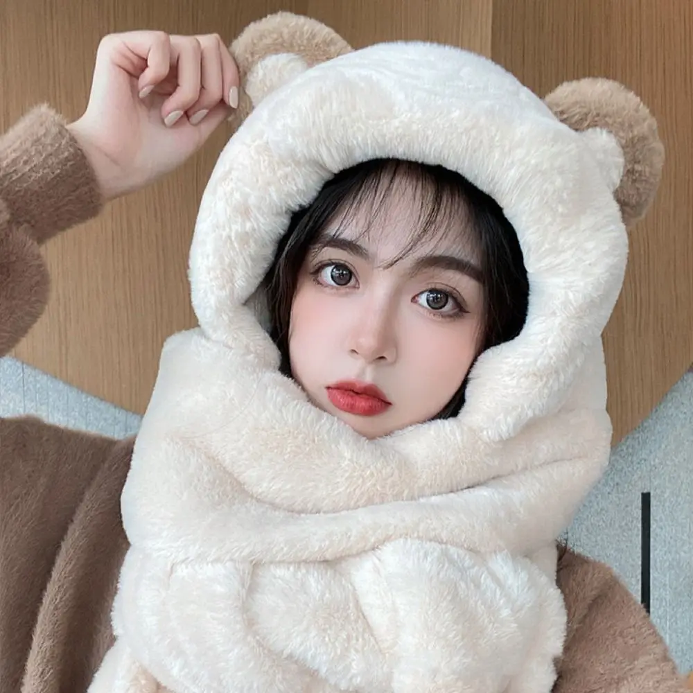 New Cartoon Bears Ears Plush Hat Windproof Warm Winter Hooded Scarf Soft Ear Protection Cap Women