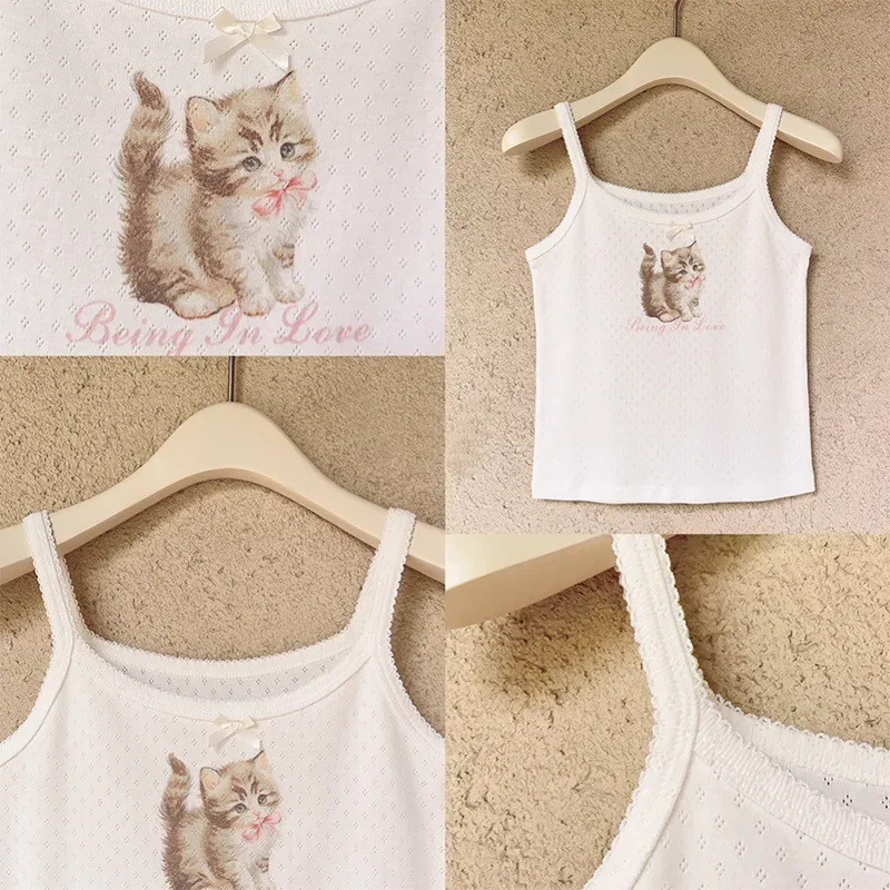 Cute Tops Women Summer Cotton Camis Pink Bow Cat Print Knitted Crop Top for Sweet Girl Lolita Style Kawaii Clothes