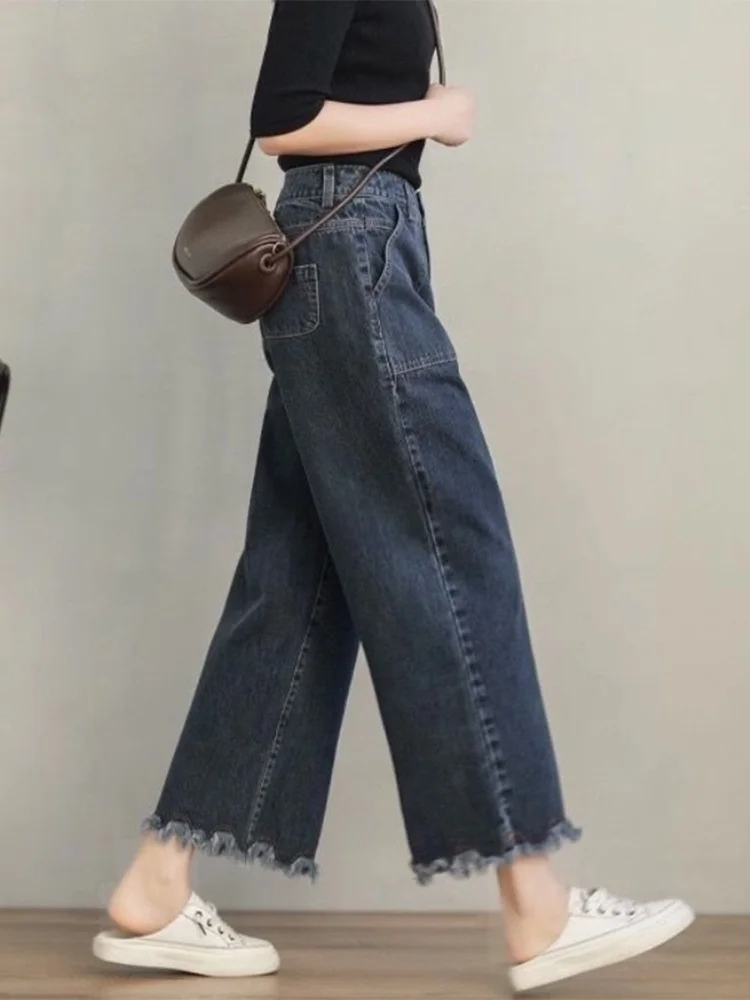 

High Waist Wide Leg Jeans Women's Spring Summer Loose Tassel Casual Straight Nine Point Pants Rouje Kefss Commute Style