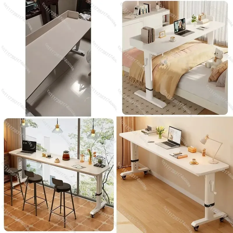 Solid Wood Hand Crank Overbed Table with Wheels Adjustable Rolling Laptop Desk for Bedroom Hospital Bedside Tray