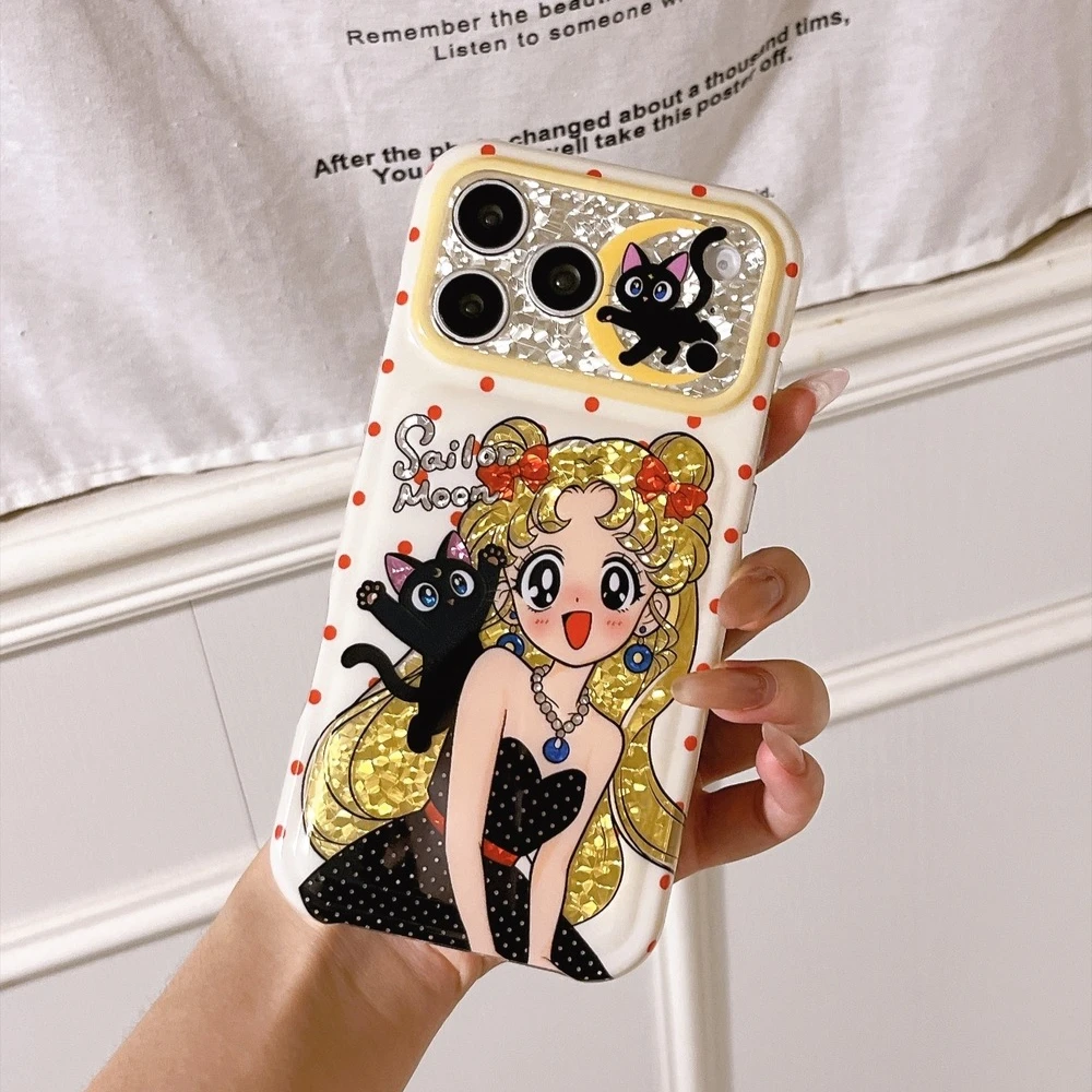 Funda de teléfono con diseño de dibujos animados de Sailor Moon Luna Cat, con brillo y purpurina, para iPhone 17 16 15 Pro Max, a prueba de golpes y de cubierta rígida.