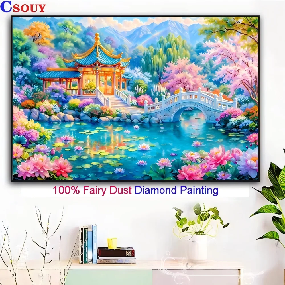 100% Fairy Dust Diy Diamond Painting Cross Stitch Scenic Bridge Embroidery Square Mosaic Home Decor Needlework Crystal Full 5D