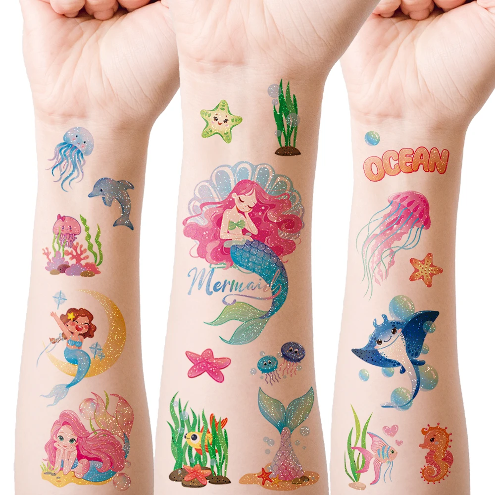 12 Sheets Glitter Mermaid Ocean Creature Temporary Tattoo Stickers, Shiny Dolphin Jellyfish Octopus Seahorse Design Waterproof F