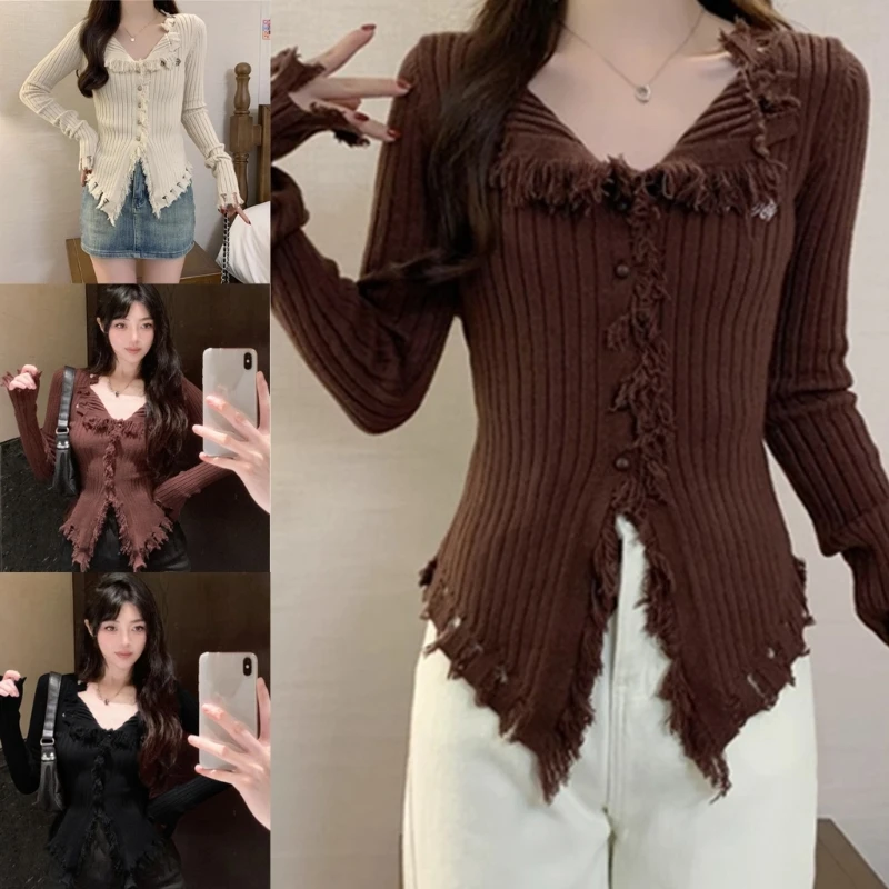 Women Y2K Frayed Tassels Trim Knitted Cardigan Long Sleeve Lapel V-Neck Button Up Casual Aesthetic Sweater Crop Top N7YE