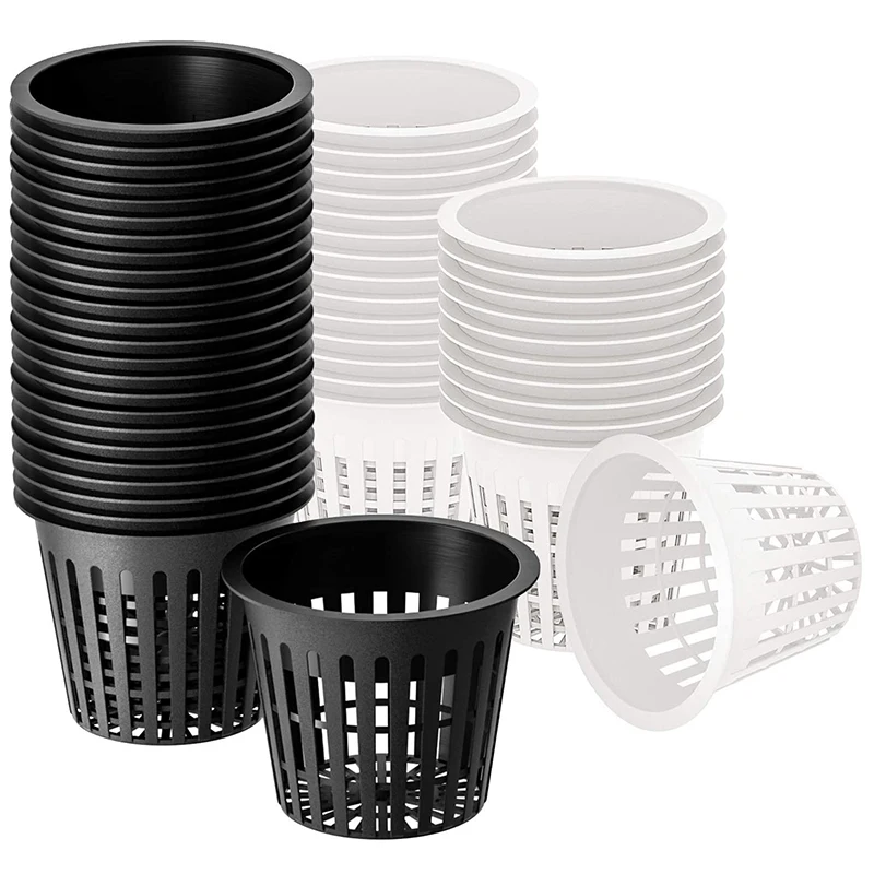 N87R 3 Inch Net Cup Hydroponic Tank, 50Pack Hydroponic Planting Basket, Used for Hydroponics, Slotted Mesh, Black and White