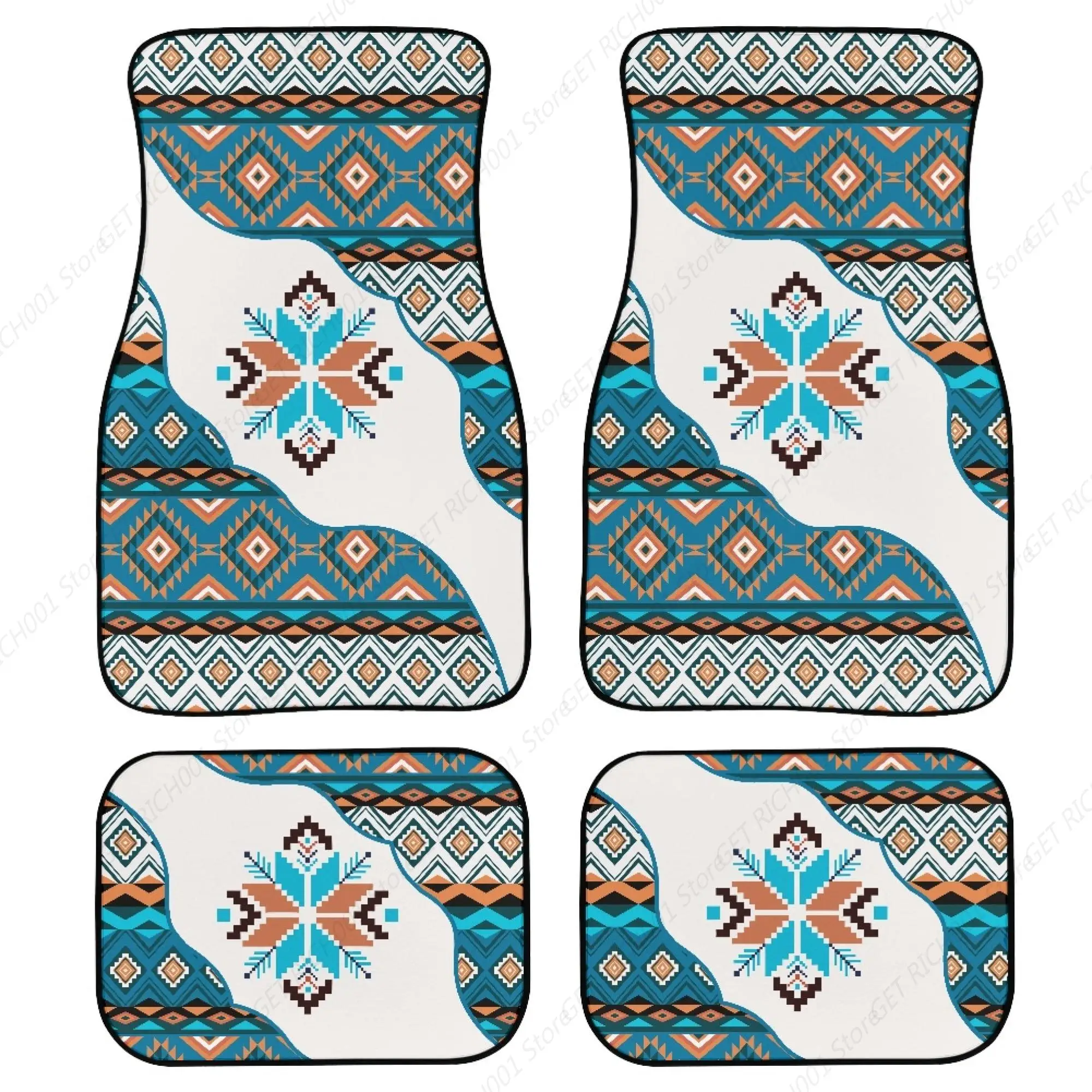 Southwestern Aztec Car Floor Mats 4 Piece Sets Front/Rear Carpets Interior Decor Accessory Universal Auto Protection