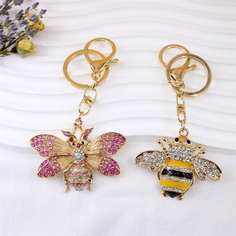 Creative Rhinestone Bee Keychain And Cute Red Ladybug Insect Pendant Keyring For Women Handbag Charm Jewelry