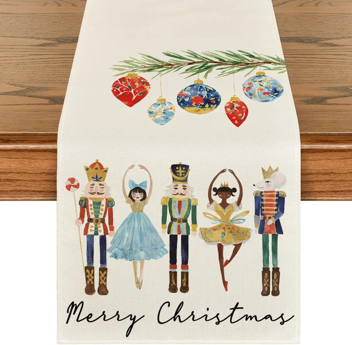 Christmas Watercolor Nutcrackers Xmas Balls Linen Table Runners Dresser Scarf Decor Farmhouse Dining Table Runners Xmas Decor