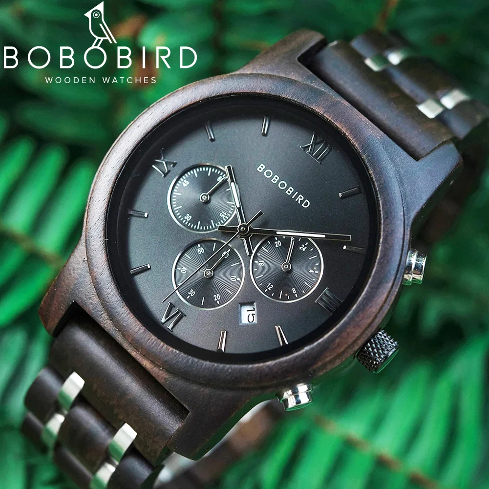 Bobo bird relógio de luxo masculino metal cronógrafo de madeira relógio de pulso de quartzo masculino data automática armbanduhr logotipo personalizado dropship