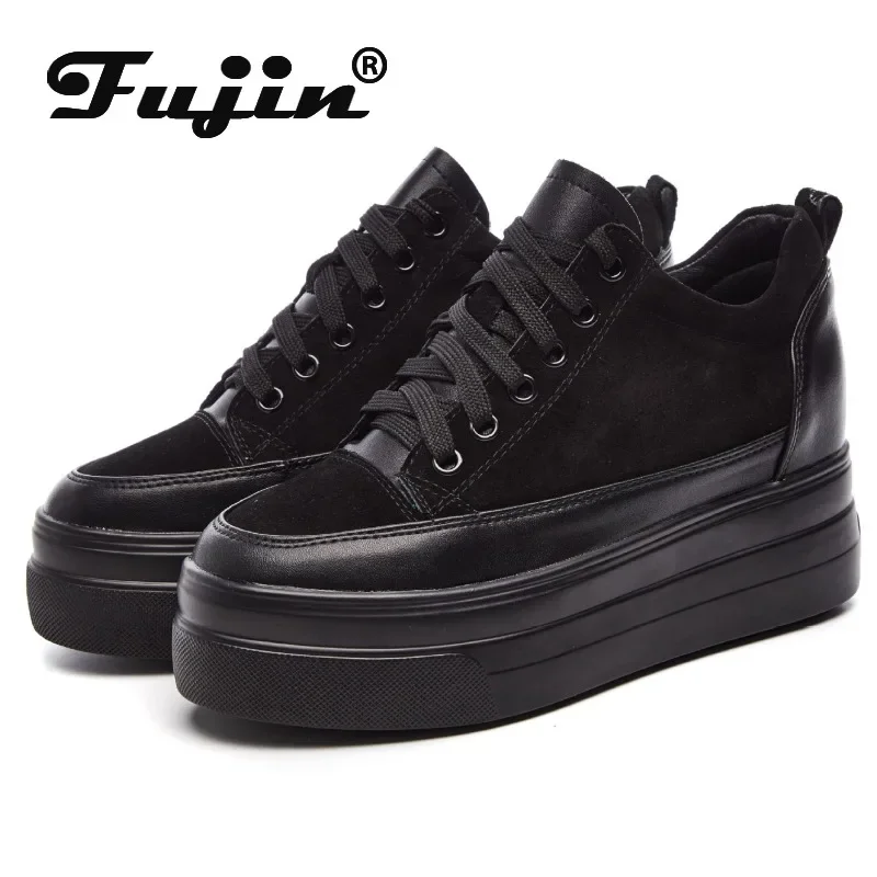 Fujin 7cm Synthetic Boots Women Streth Fabric Autumn Spring Platform Wedge Fashion Chunky Sneaker Vulcanize Loafer Flats Shoes