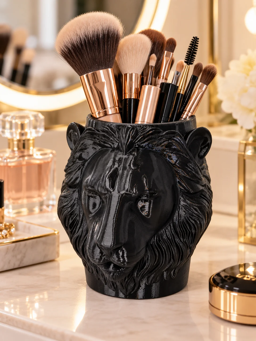 3D Printed Black Petg Lion Head Office Pen Holder with Three-Dimensional Animal Engraving and Embossed Texture, Dark Style Desktop Stationery Organizer, Can Hold Pens, Pencils, Scissors, Rulers, and Other Tools, Say Goodbye to Clutter on the Desk, Quick and Easy Access, Enhances the Aesthetics of the Office Desk, Space-Friendly and Doesn'T Take up Much Space, Suitable for Office, Study, and Work Areas, Personalized Creative Office Gifts, Desktop Decoration Piece