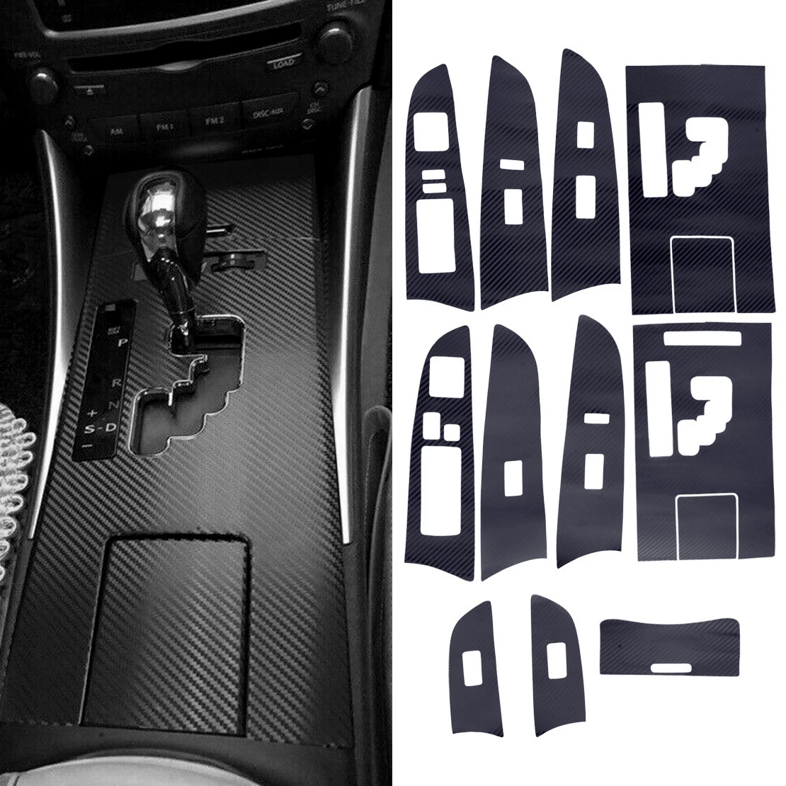 3D Black Car Interior Window Control Switch Gear Panel Sticker Kit LHD Fit For Lexus IS250 300 350 2006-2012 Carbon Fiber Style