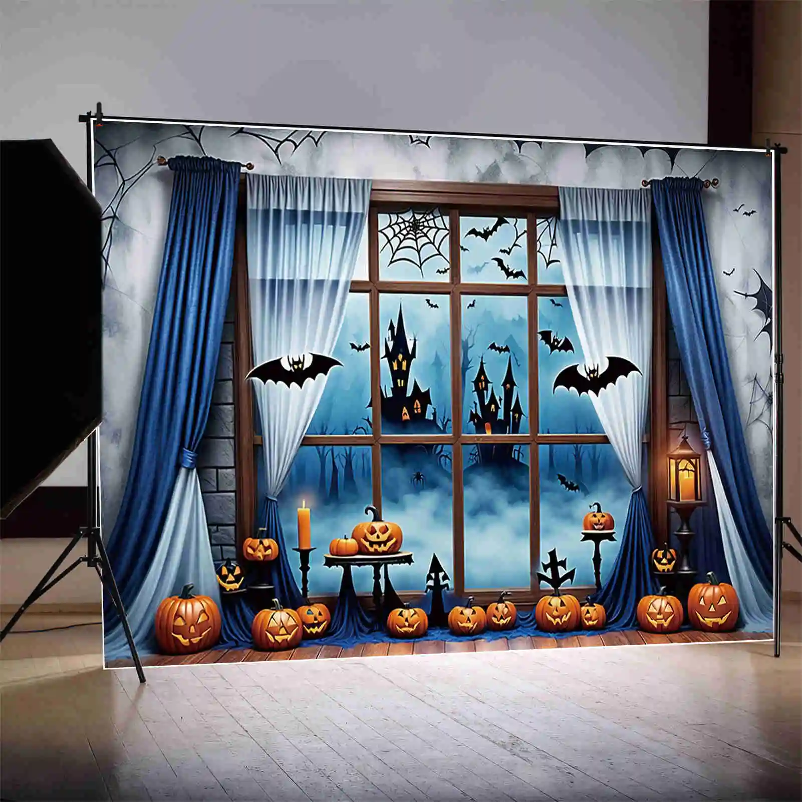 MOON.QG-cortina de fondo de Halloween para niños, telón de ventana de Jack-o-linterna, decoraciones de fiesta personalizadas, accesorios para sesión fotográfica