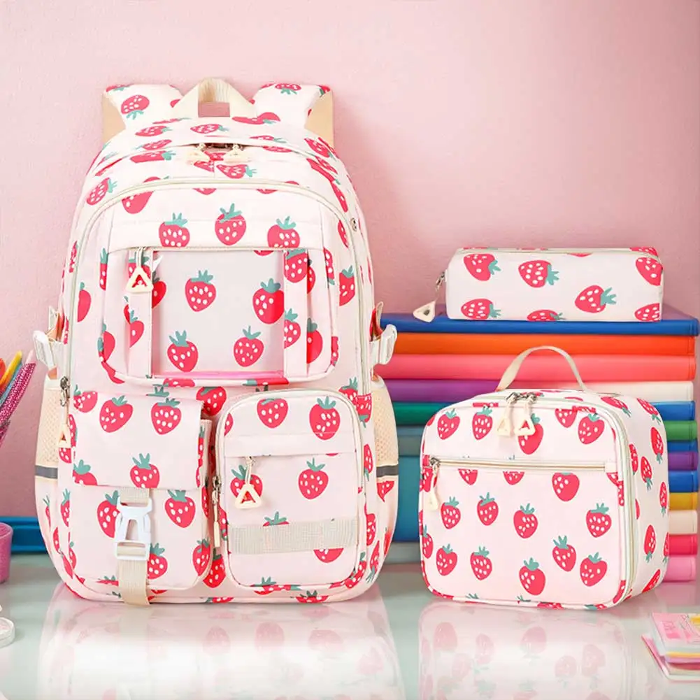 3 Pcs Set Lightweight School Backpack with Lunch Bag Pencil Case Multi-Pocket Bookbag for Elementary Middle School Student Girls