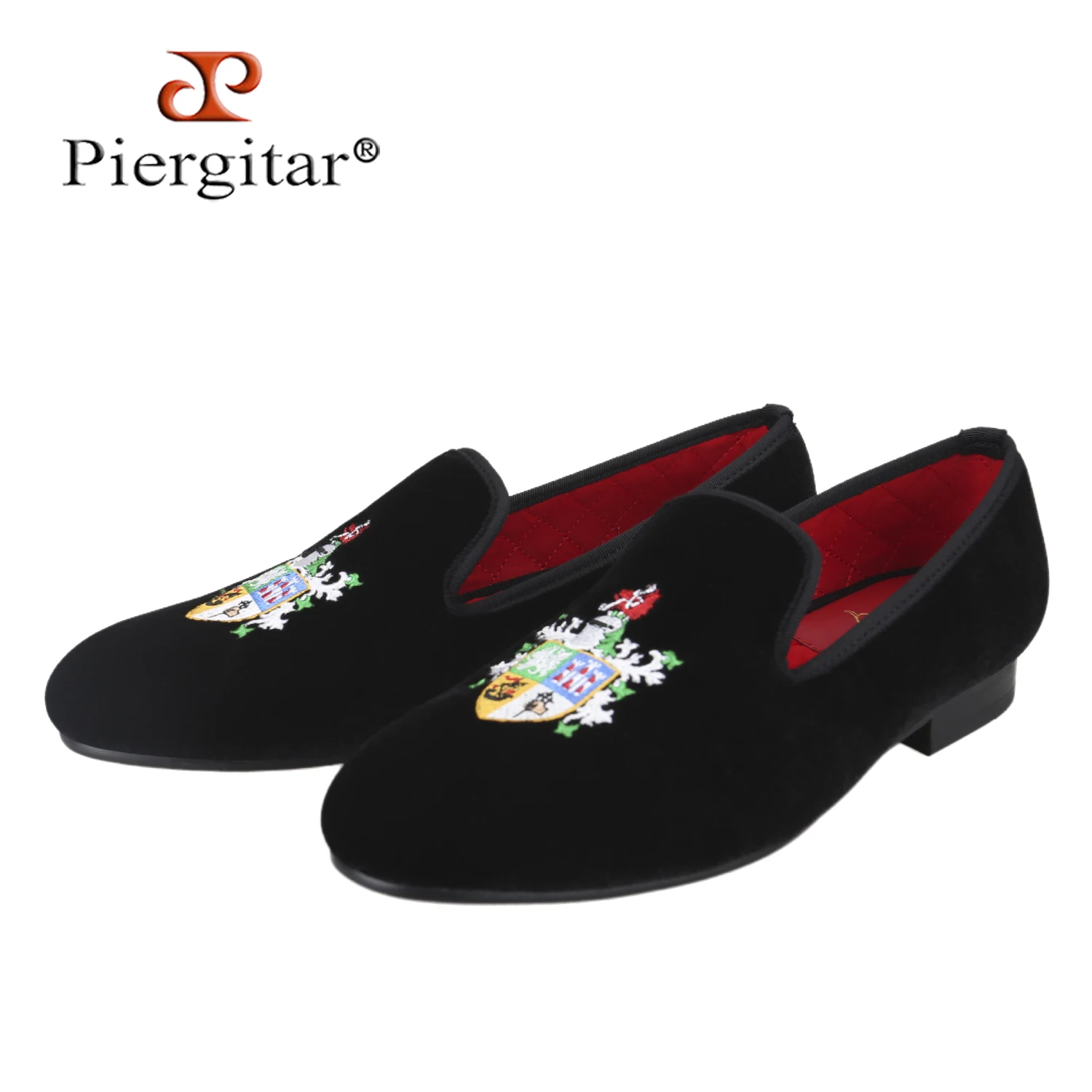 Piergitar British Style Black Velvet Custom Embroidered Handmade Men's Loafers Luxurious And Comfortable Slip-On Shoes For Party