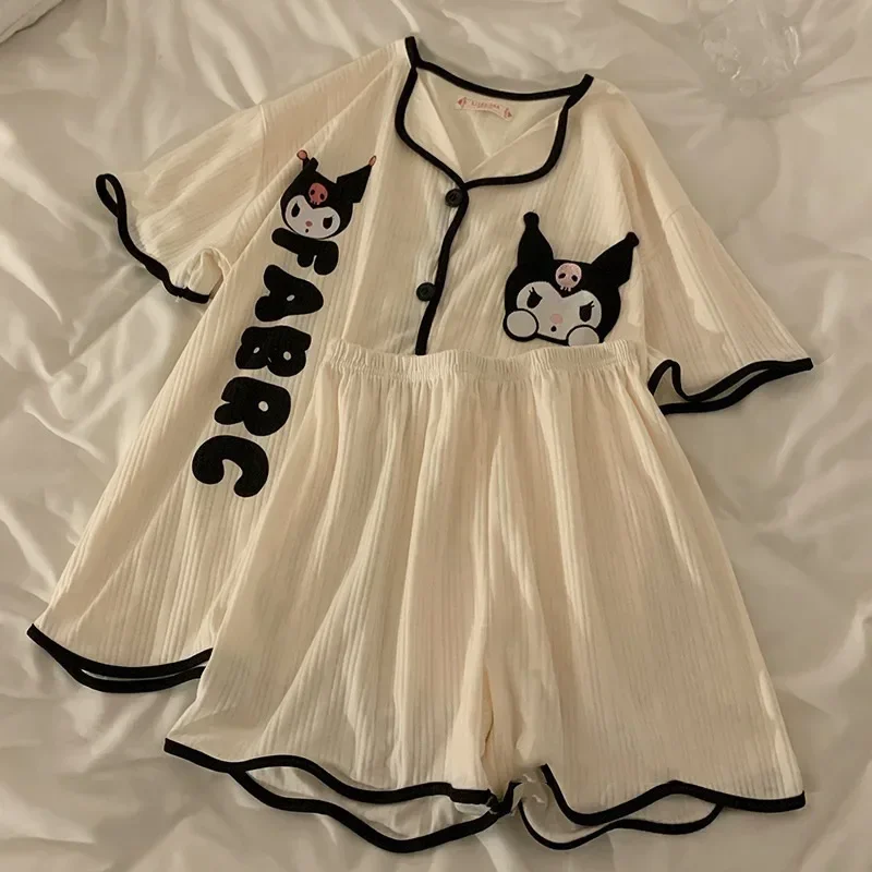 

Sanrio Kuromi Cartoon Pajamas Suit Summer Kawaii Print Button T-shirt Shorts Two Piece Set Casual Home Sleepwear Women Clothing