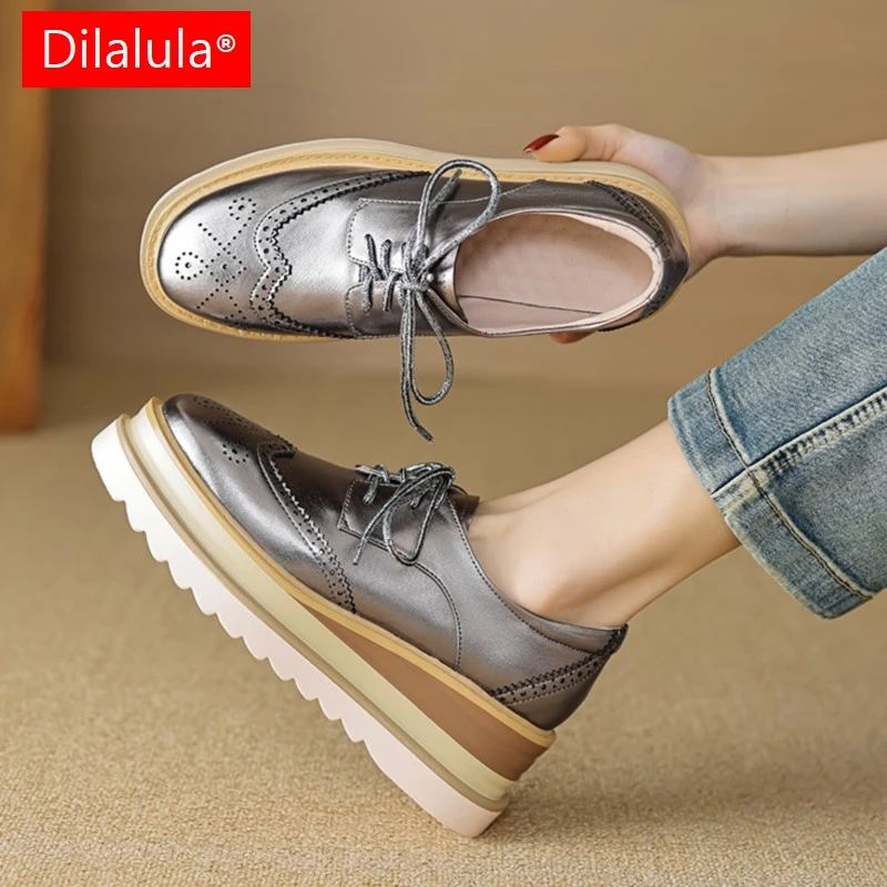 

Туфли-лодочки Dilalula 2026 из натуральной коровьей кожи на платформе, женские, на высоком каблуке-танкетке, с шнуровкой, в стиле броги, для молодых женщин, комфортные