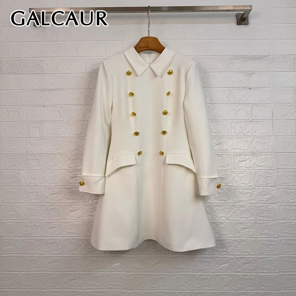 

GALCAUR Solid Spliced Buttons Chic Dress Female Lapel Long Sleeve Loose Korean Vintage Women's Dresses Autumn Fashion New Style