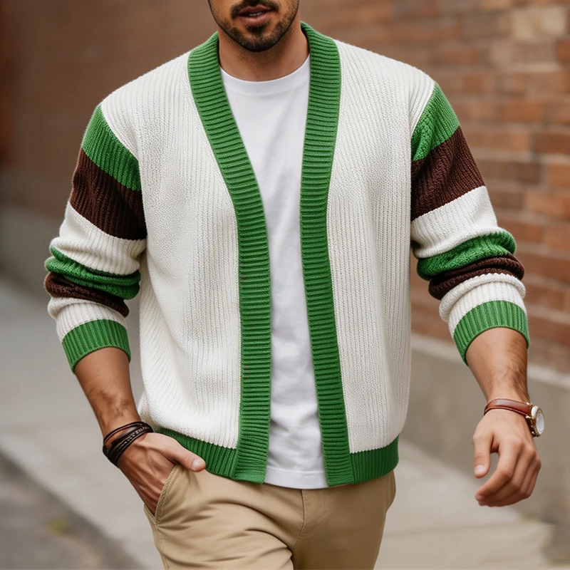 Fashionable V Collar Knitting Outerwear Mens Vintage Contrast Color Knit Cardigan Men 2026 Fall Winter Warm Long Sleeve Coats