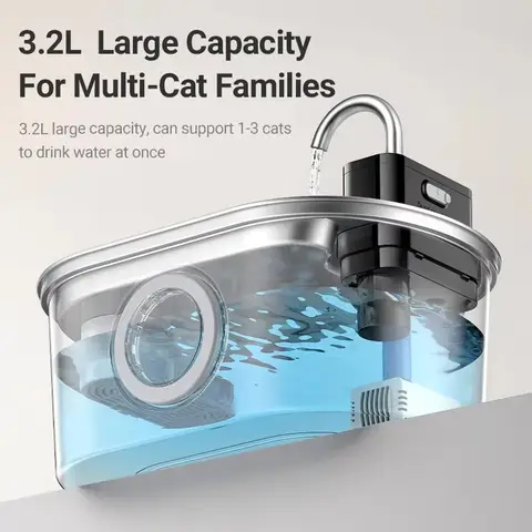 Transparent Window Cat Water Dispenser with Sensor 3.2L/108oz Super Quiet & Pets Auto Filter Stainless Steel Cats Water Fountain