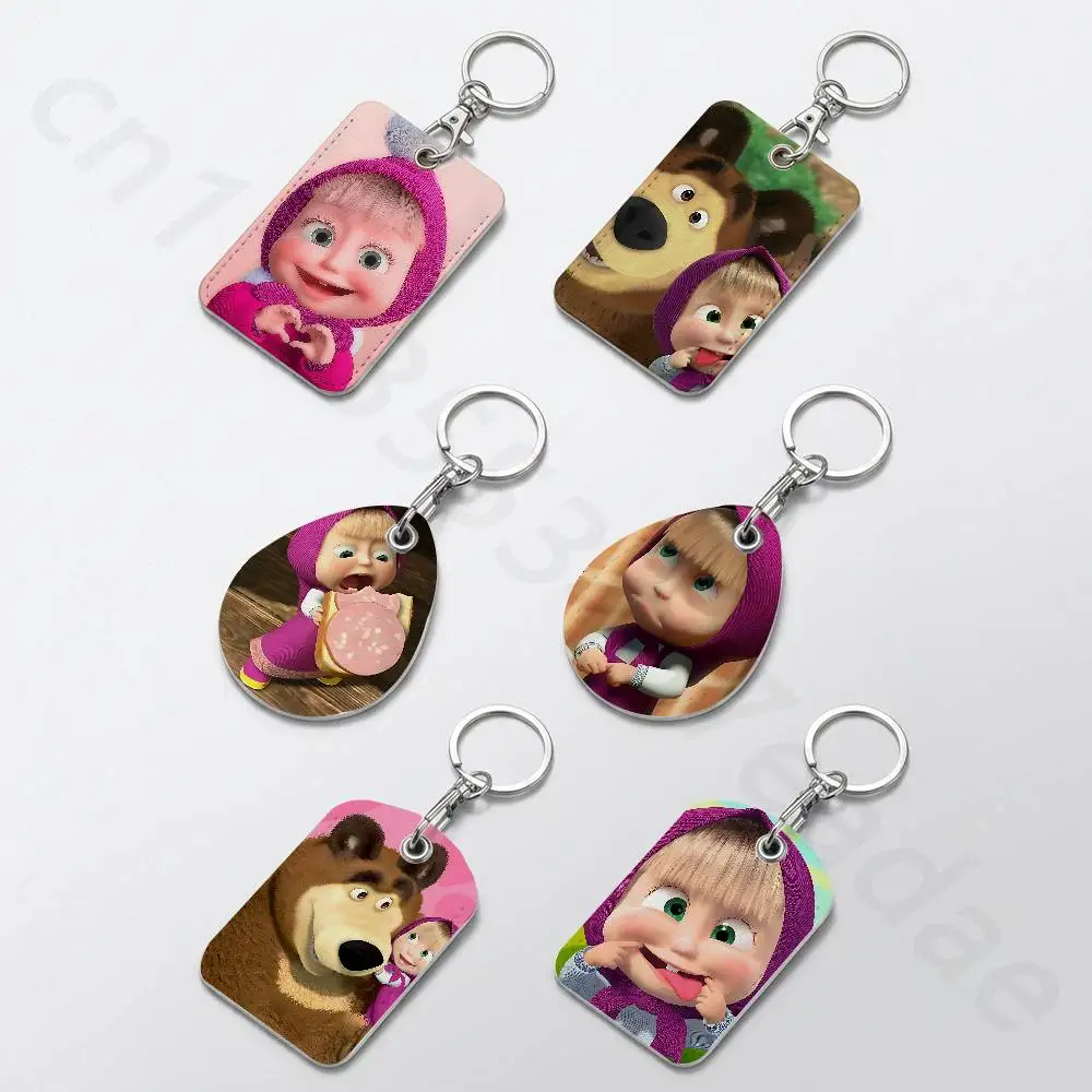 M-Masha And B-Bears 직사각형 카드 케이스 키체인 액세스 카드 가방 키 태그 링 가죽 카드 홀더 키링 액세스