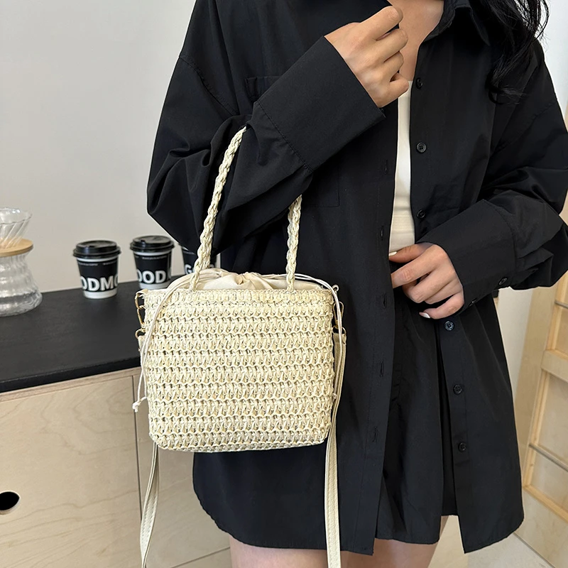 Bohemia Women Handbags Retro Drawstring Straw Woven Bag Satchel Summer Hollow Out Beach Bag Ladies Straw Shoulder Crossbody Bags