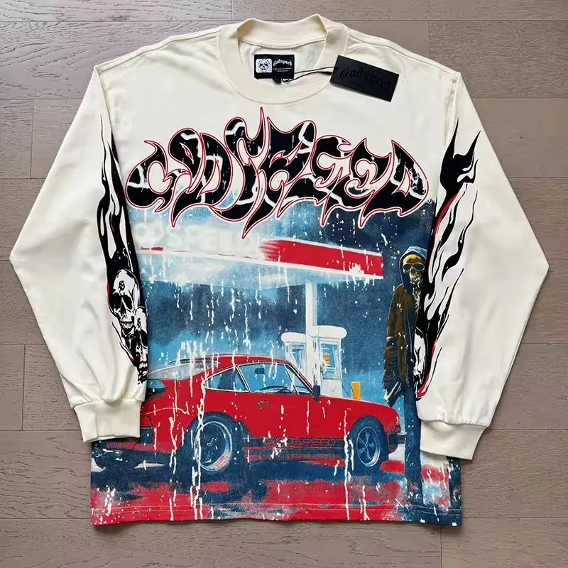 

Мужские и женские футболки Godspeed, высококачественная американская уличная одежда в стиле хип-хоп, ретро с длинным рукавом, футболка GOD SPEED, унисекс