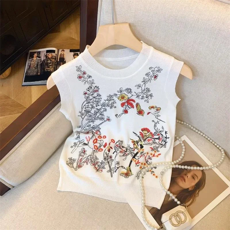 Vintage Vests For Women 2024 Summer Embroidered Elegant Stylish Fashion Sweater Tees Tops Sleeveless O-neck Ladies Knitwear