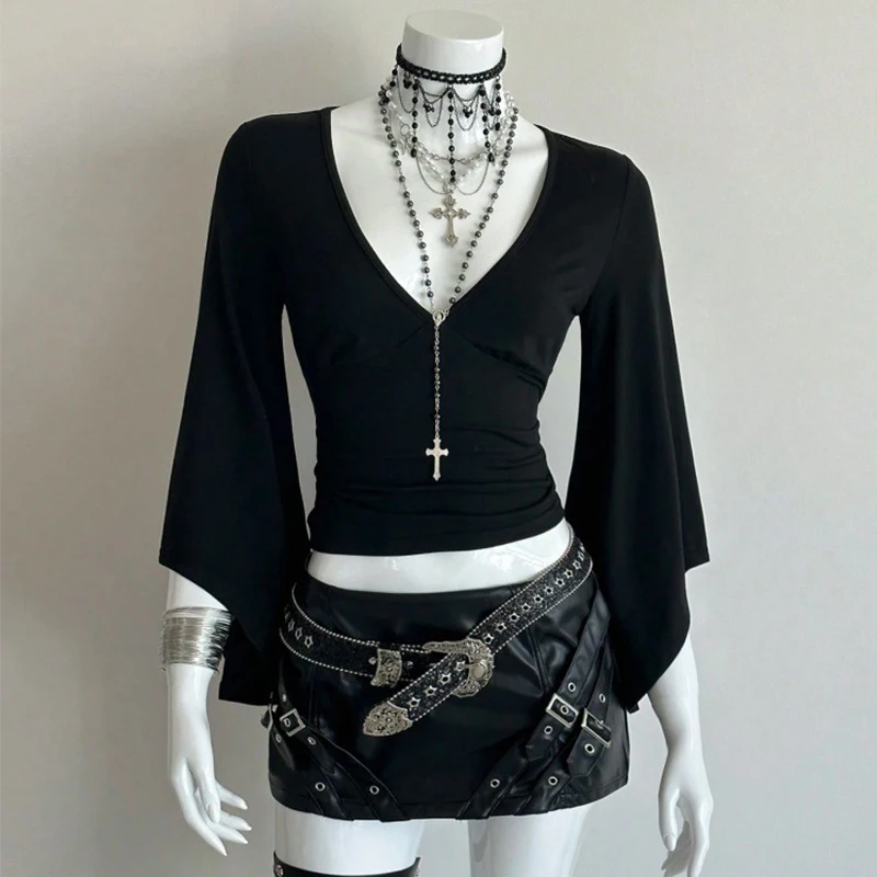 Dark Punk Hot Girl Style V-neck Asian Culture Millennium Harajuku Style Waist-Tight Slimming Flared Sleeves Short Top Ins Style