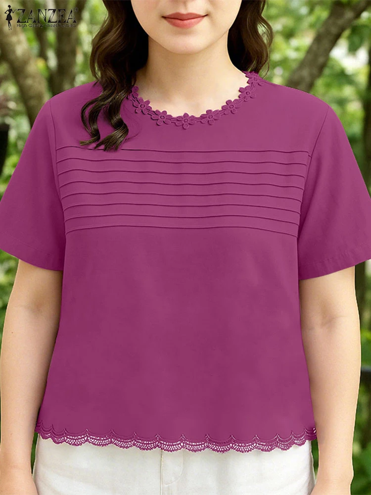 

ZANZEA Women Elegant Lace Patchwork Pintuck Blouses Casual O-Neck Short Sleeve Solid Color Blusas Mujer Summer Day Wear Tops