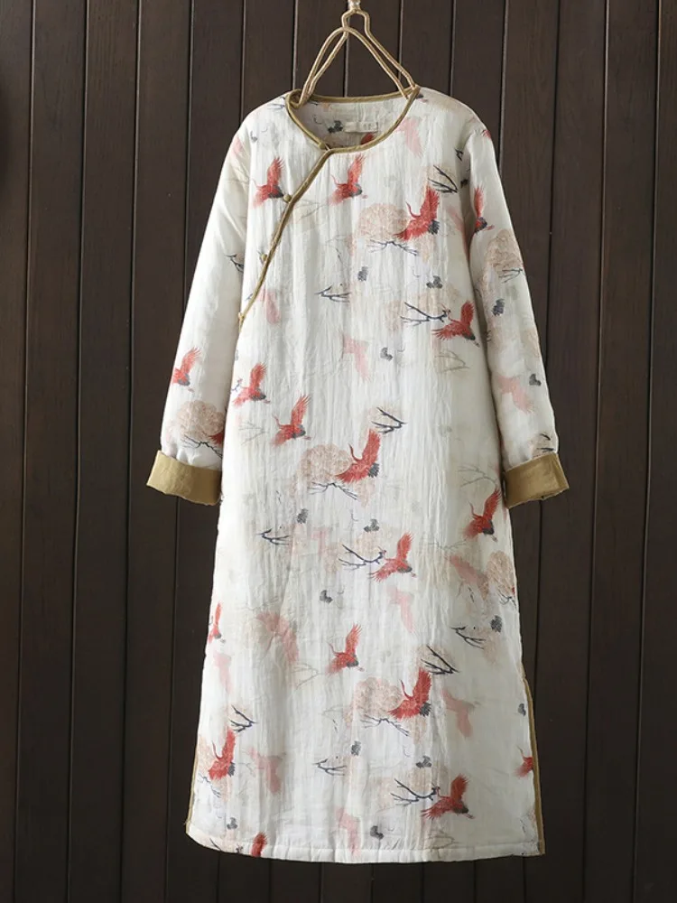 

Ретро китайское хлопковое льняное пальто с принтом, длинное женское зимнее длинное пальто в стиле дзен, элитный хлопковый длинный халат с асферой Dr