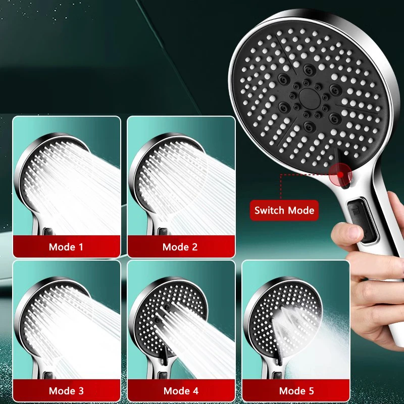 High Pressure Shower Head 13CM Big Panels 5 Modes Adjustable Shower Head with Pressurized Spa Spray Bathroom Accessories