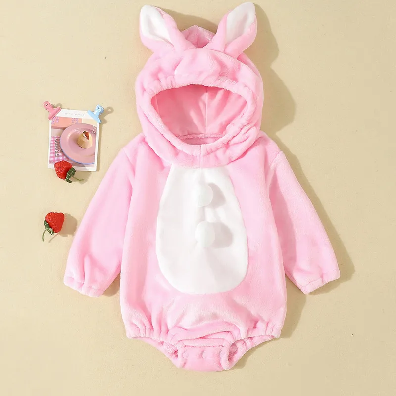 1 to 24 Months Baby Boys Girls Cartoon Bodysuit Animal Costume Flannel Role Play Hooded Long Sleeve Pajamas Jumpsuits