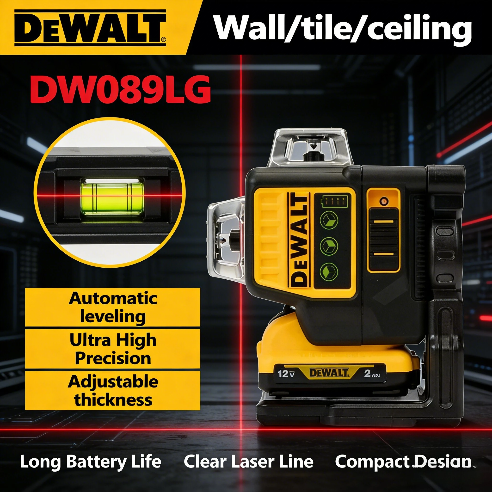 

Лазерный нивелир Dewalt DW089LG, 12 линий, 3 плоскости*360°, вертикальный и горизонтальный, зеленый луч, для наружных работ, с лазерным штативом