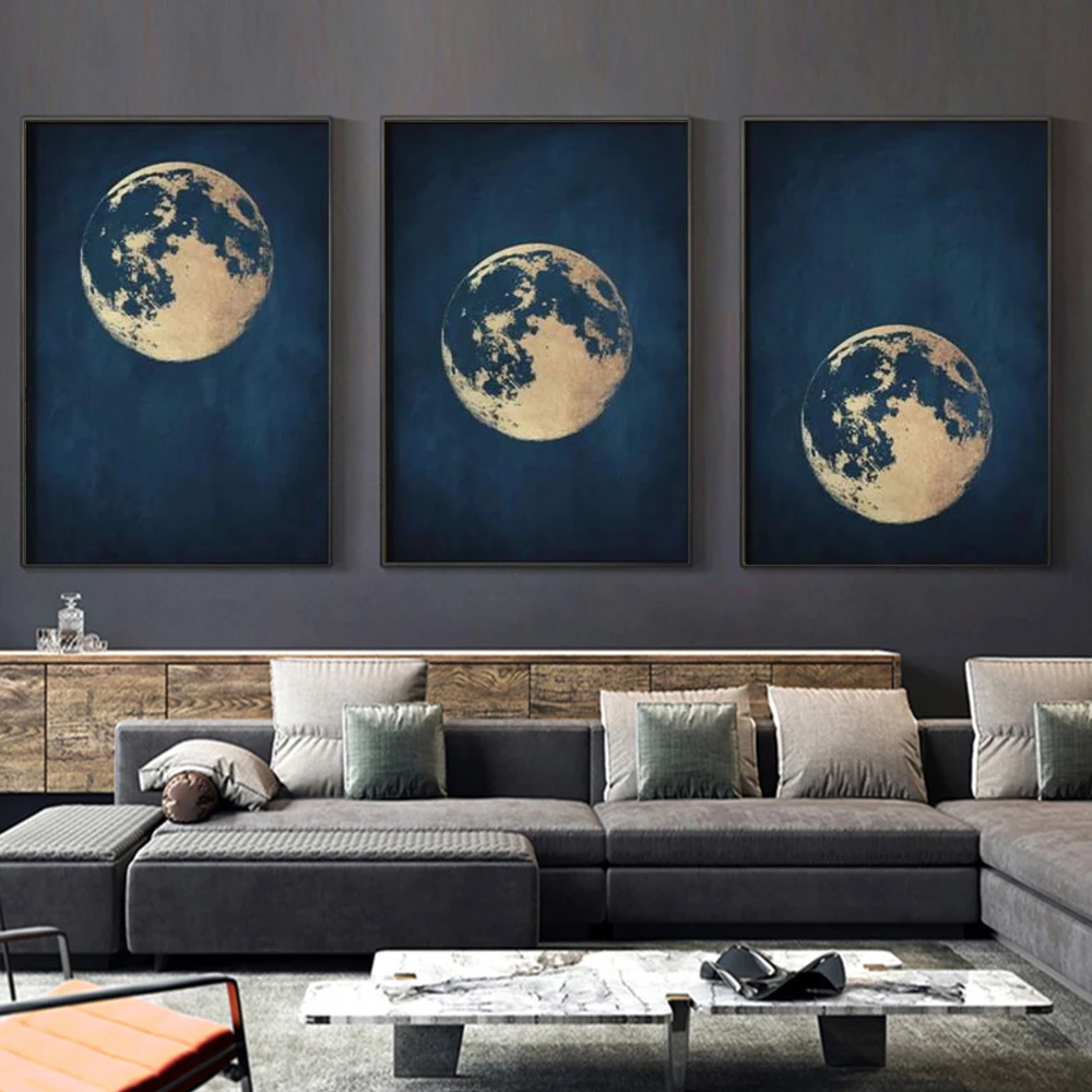 

Minimalist Navy Blue Sky And Gold Full Moon Poster Prints For Living Room Home Decor Abstract Moon Canvas Painting Wall Art