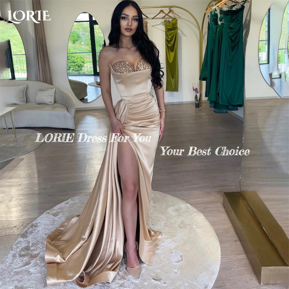 LORIE Light Champagne Mermaid Evening Dresses Glitter Off Shoulder Sexy High Side Slit Prom Dress Pleats Bridesmaid Party Gowns