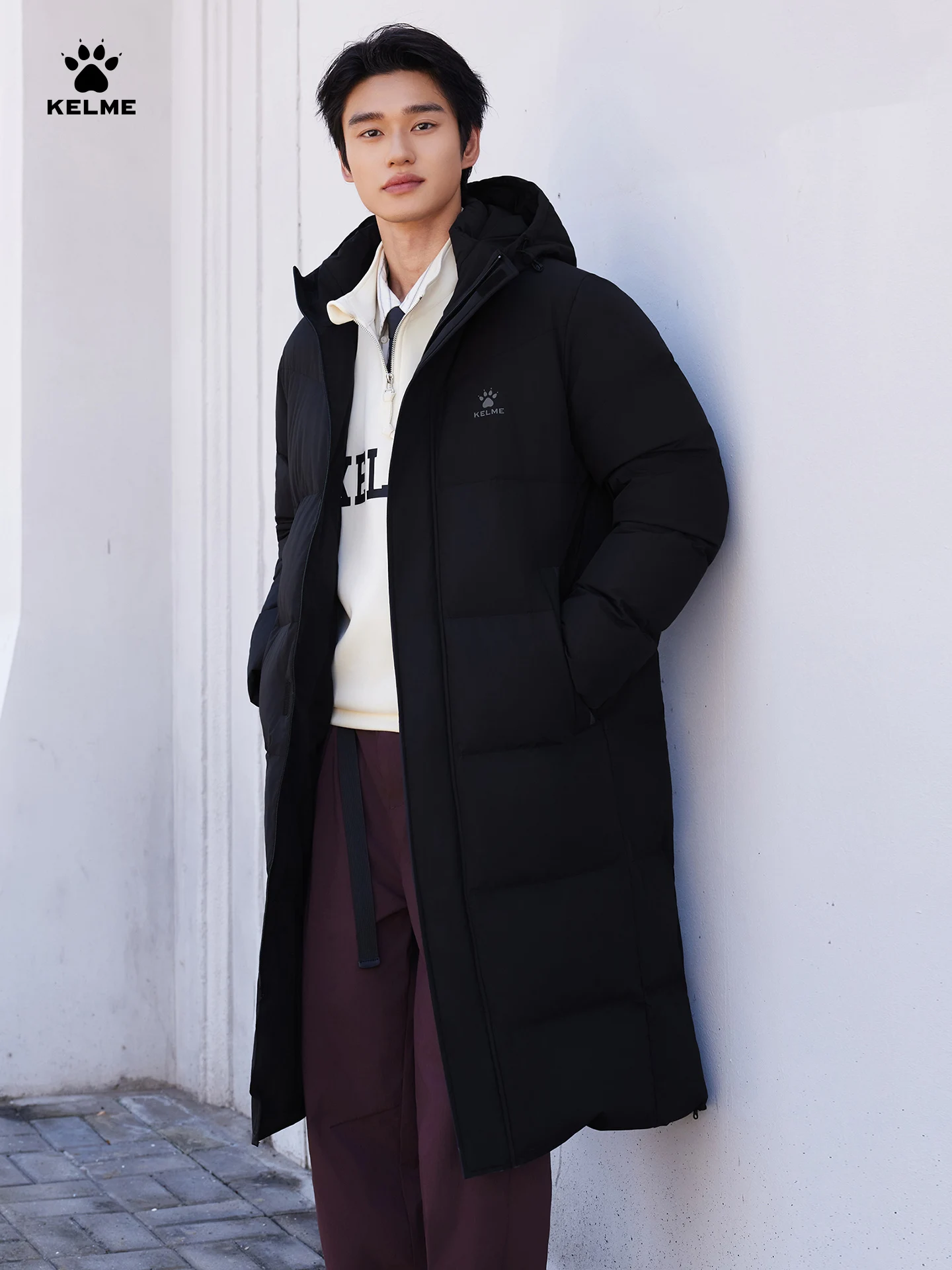 Kelme Men's Long Down Jacket - Knee-length Multi-training Hooded Coat Warm Sports Coat For Outdoor Windproof Cotton Clothing