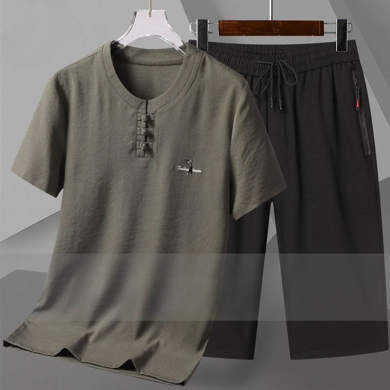 Men's Spring Summer Suit Short Sleeve Shorts Seven Pants Ice Silk Breathable Pure Color Simple Comfortable Versatile Slimming