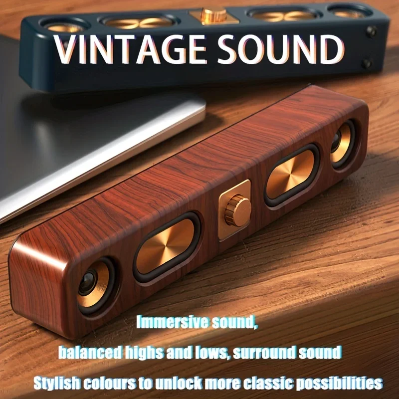 Retro Wireless Bluetooth Speaker 3D Stereo and Subwoofer Wooden Long TF/USB Desktop Speaker Portable FM Radio 2400mAh Battery