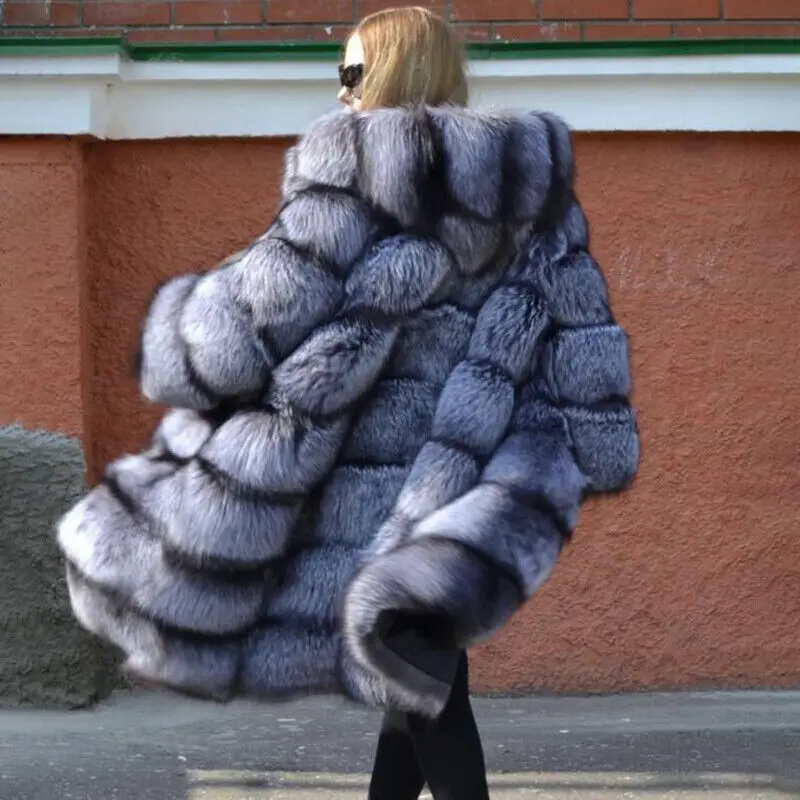 Woman Winter Warm Silver Fox Fur Coat Fashion Elegant Genuine Fur Long Jacket Overcoat