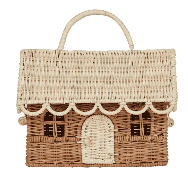 Funny House Rattan Bag Wicker Woven Handbag Straw Knitted Box Bags for Women 2025 Handmade Travel Beach Bags Square Basket Bag