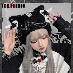 Women's Harajuku Steampunk Y2K Gothic Japanese Soft Girl keep warm Hat cross Plush bone wing pin Star pendant chainPlush hat