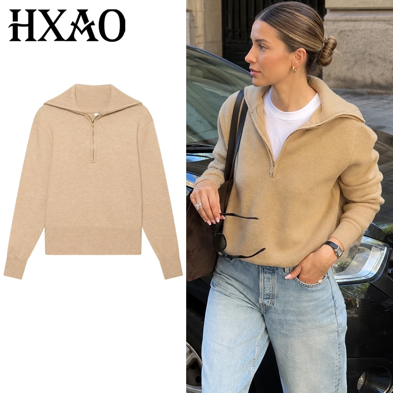 HXAO Women's Knit Woolen Sweater Autumn 2026 Khaki Oversized Cashmere Sweater Chic Half-Zip Lapel Long Sleeve Top Warm Knitwears