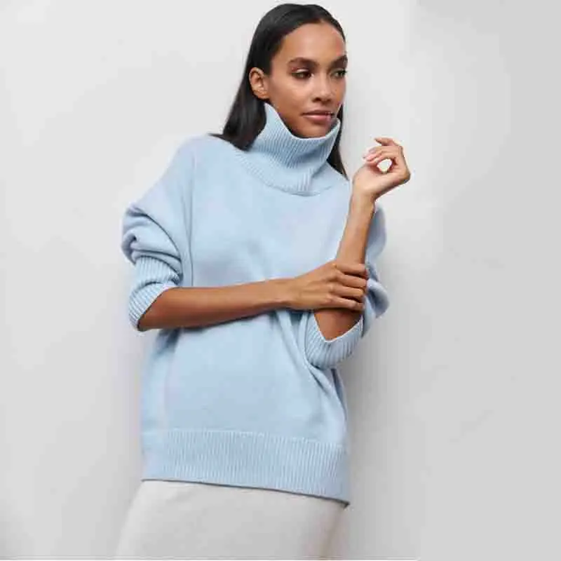 

Korean semi high neck long sleeved pullover sweater for autumn and winter fashion, solid color knitted casual women's top