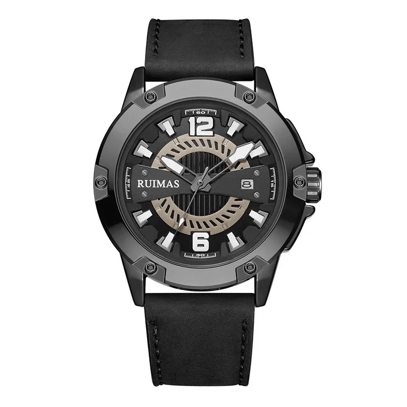 RUIMAS 남성용 302 쿼츠 시계, 스포츠 패션, 레저, 멋진 야광 육군 블랙 가죽 스트랩, 남성용 손목 시계