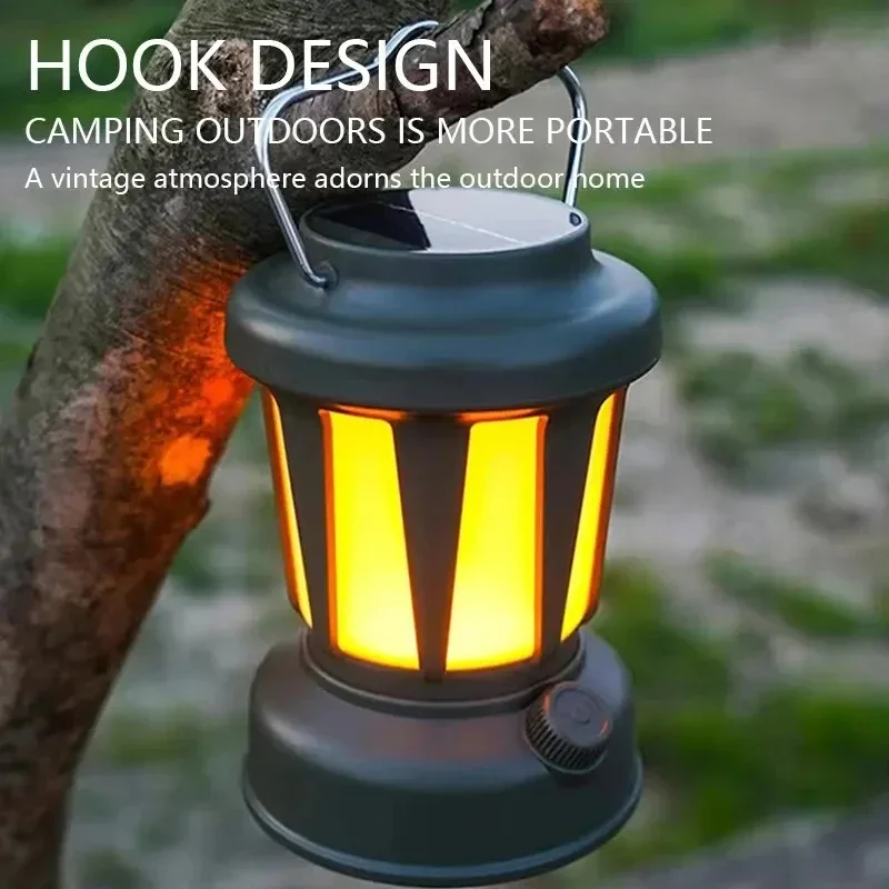 

New Retro Lamp Tri-Color Led Stepless Dimming Light Source Portable Hanging Solar Charging USB Camping Outdoor Ornament Lighting