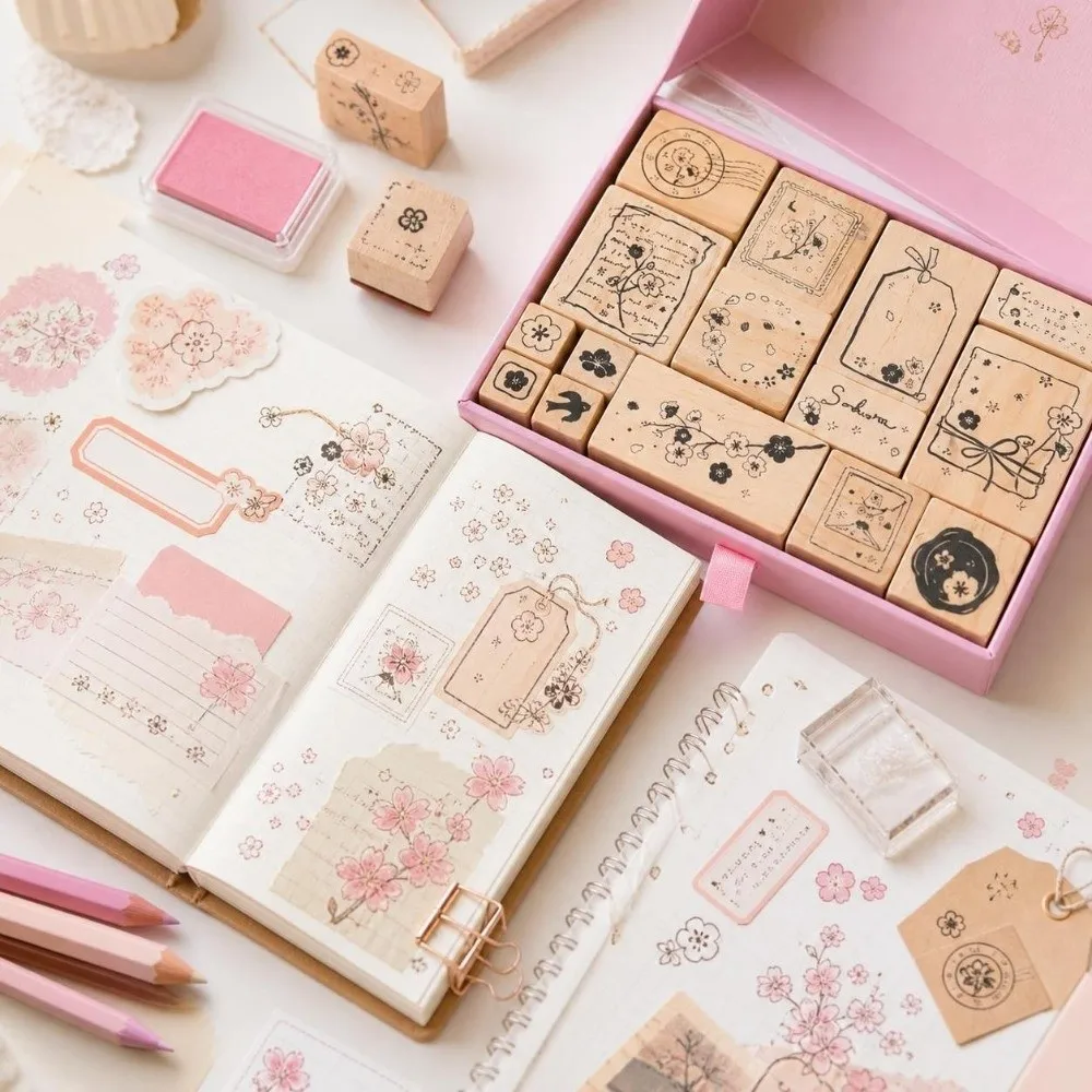 16pcs Clear Imprint Wooden Rubber Stamp Set Moon Cloud Scenery Delicate Carving Decorative Wood Stamp Rectangle Stamp Set