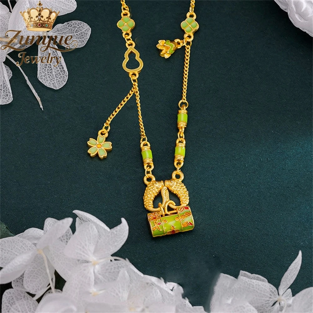 Sand Gold Pisces Longevity Lock Necklace Luxury Quality Jewelry Best Selling Fashion Jewelry Exquisite Elegant Popular Charms