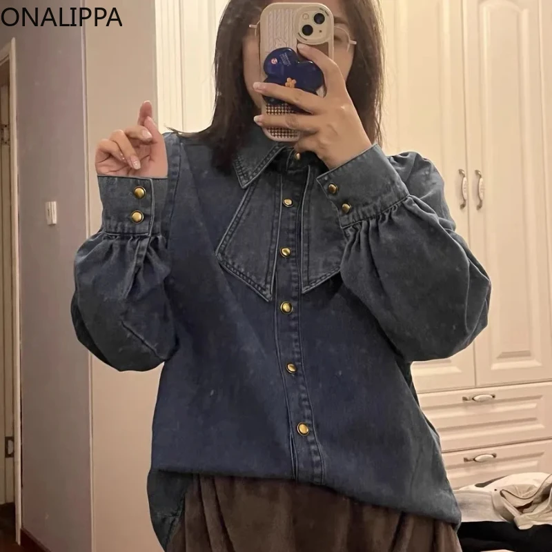 

Onalippa Vintage Bow Denim Blouse Women Turn Down Collar Puff Long Sleeves Loose Shirts Korean All Match Solid Color Blouses